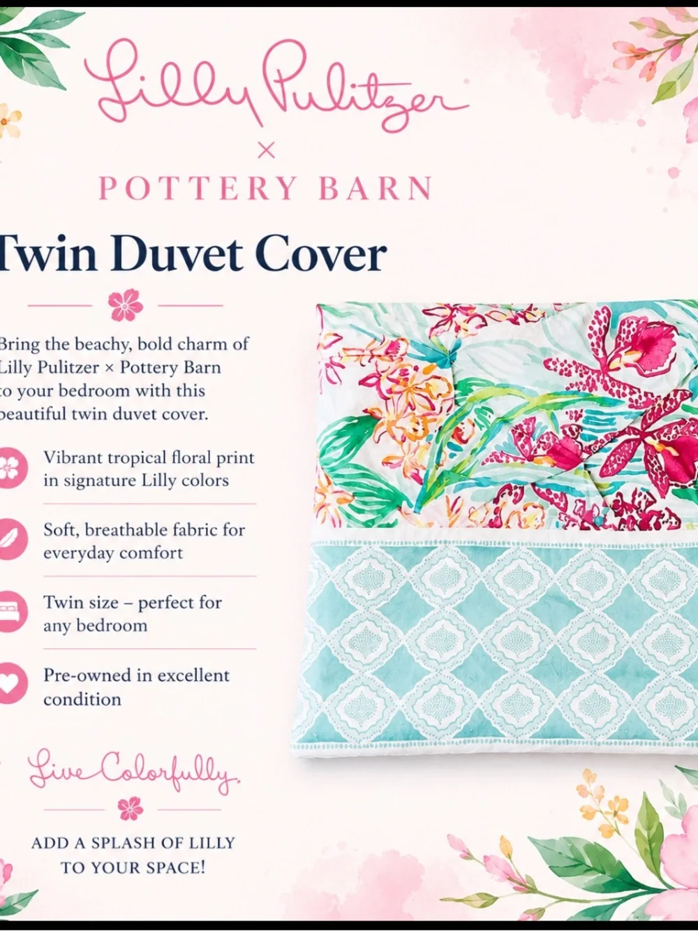 Pottery Barn Teen Lilly Pulitzer Orchid Border Duvet Cover twin